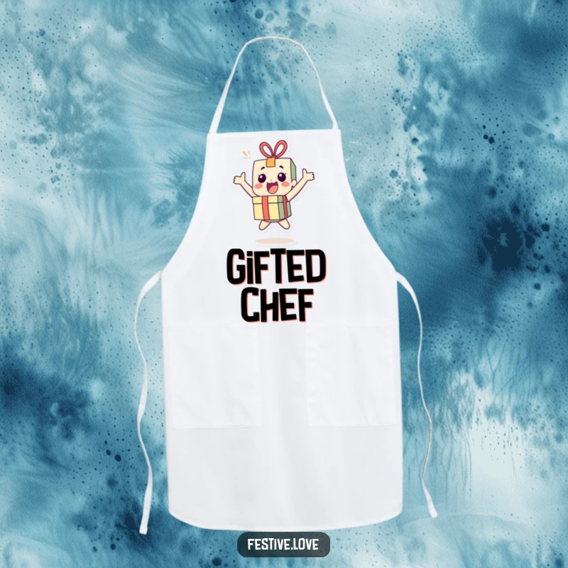 Funny little present character apron bouncing with joy, perfect for cooking and celebrating every meal with festive energy.