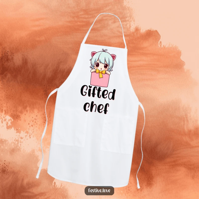 Funny character apron unwrapping a gift box, surprised expression, bright colors, a playful kitchen accessory, a fun funny gift.