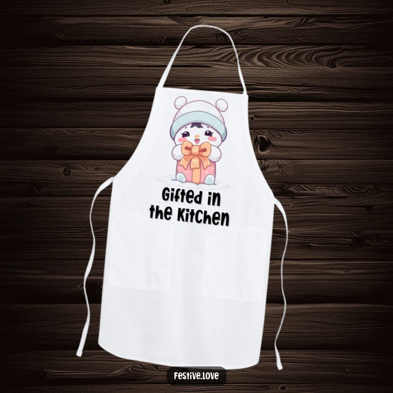 Funny kitchen apron with a cute snow character character happily unwrapping a gift, ready for holiday baking fun.