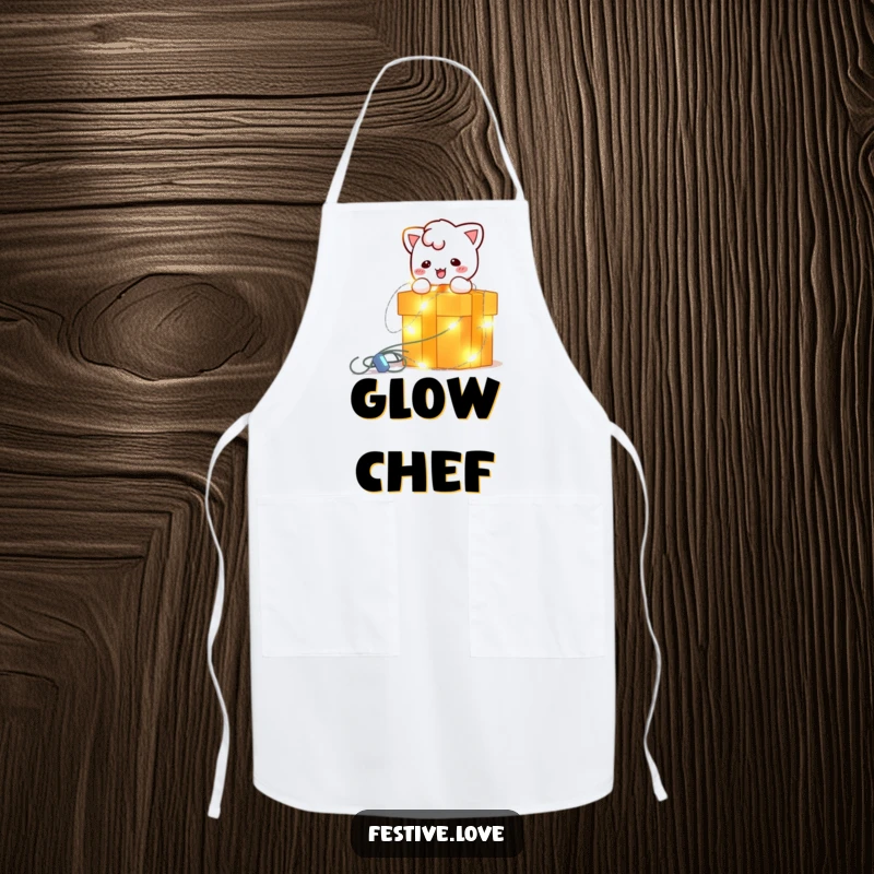 Funny apron with a bright, blinking string light character playfully wrapping a gift box, ideal for festive chefs and bakers.