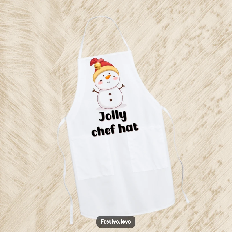 Funny snowman apron, a cheerful character wearing a jingly bell hat, ready to assist in the holiday kitchen.
