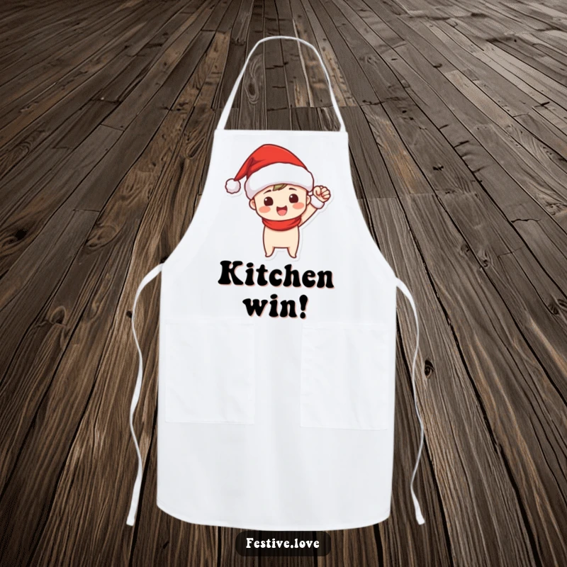 Funny apron with a Santa hat-wearing character triumphantly pumping their fist, ideal for chefs celebrating holiday cooking success.