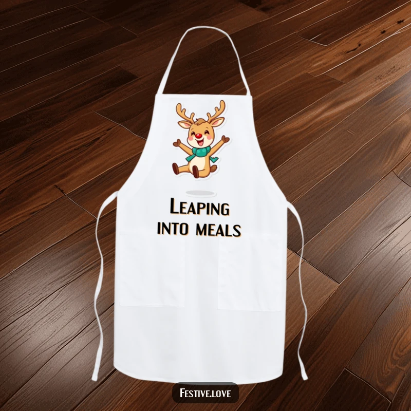Funny apron with a cheerful reindeer in a joyful leap, ready to bring holiday spirit to the kitchen.
