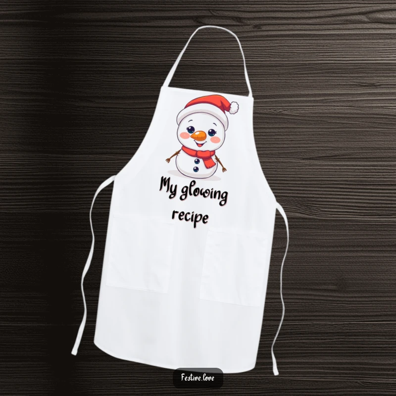 Funny kitchen apron with a jolly snowman character whose carrot nose is brightly glowing, ready for festive cooking.
