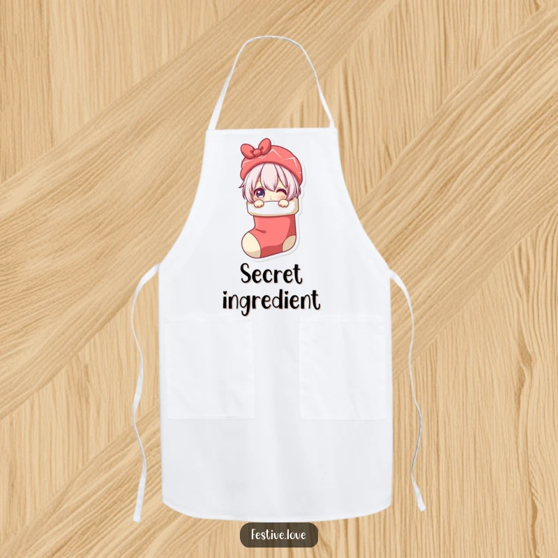 Funny apron illustrating a character playfully peeking out of a Christmas stocking, perfect for adding humor to holiday cooking.