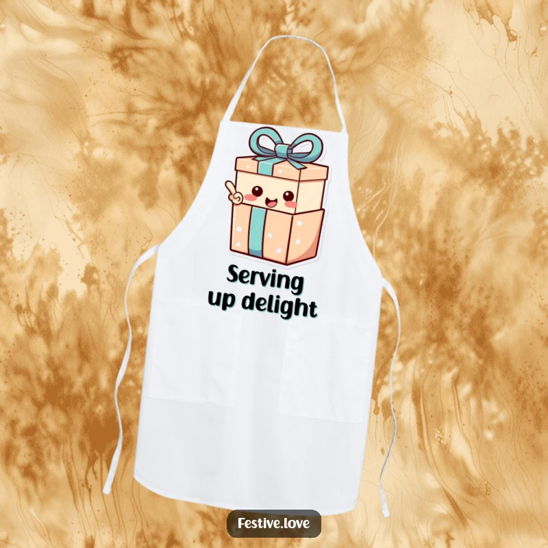 Funny Apron: A gift box character with a happy exclamation point, ready for festive kitchen fun.