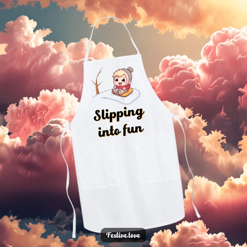 Funny apron illustrating a character sledding enthusiastically down a snowy hill, perfect for adding humor to holiday cooking.