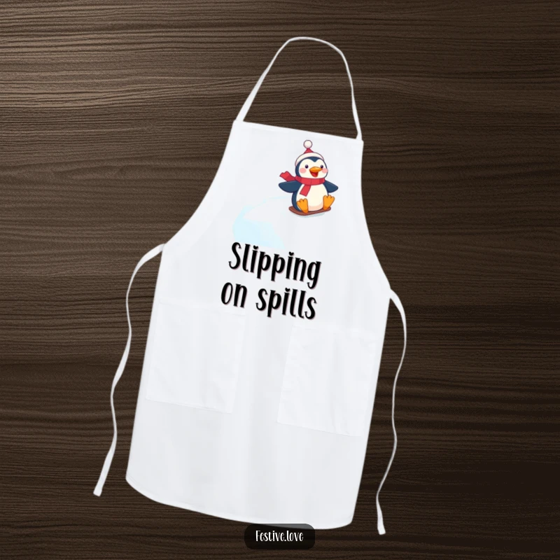 Funny kitchen apron featuring a happy penguin character gleefully sliding down a slick, icy slope.