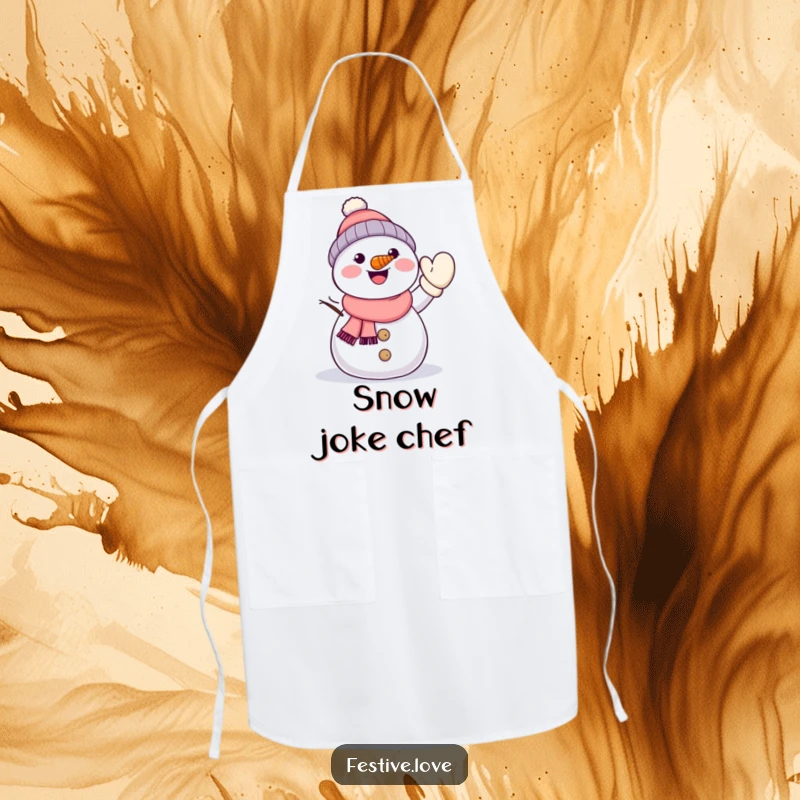 Funny kawaii snowman with a carrot nose, waving a mitten energetically, designed for a humorous and functional kitchen apron.
