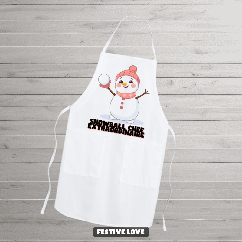 Funny apron showcasing a smiling snowman character ready to throw a snowball, ideal for kitchen protection and holiday fun.