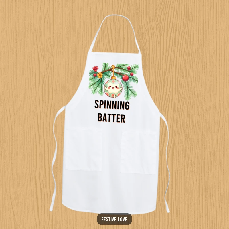 Funny apron with a festive ornament character spinning gleefully on a decorated tree branch, ideal for holiday cooking and baking.
