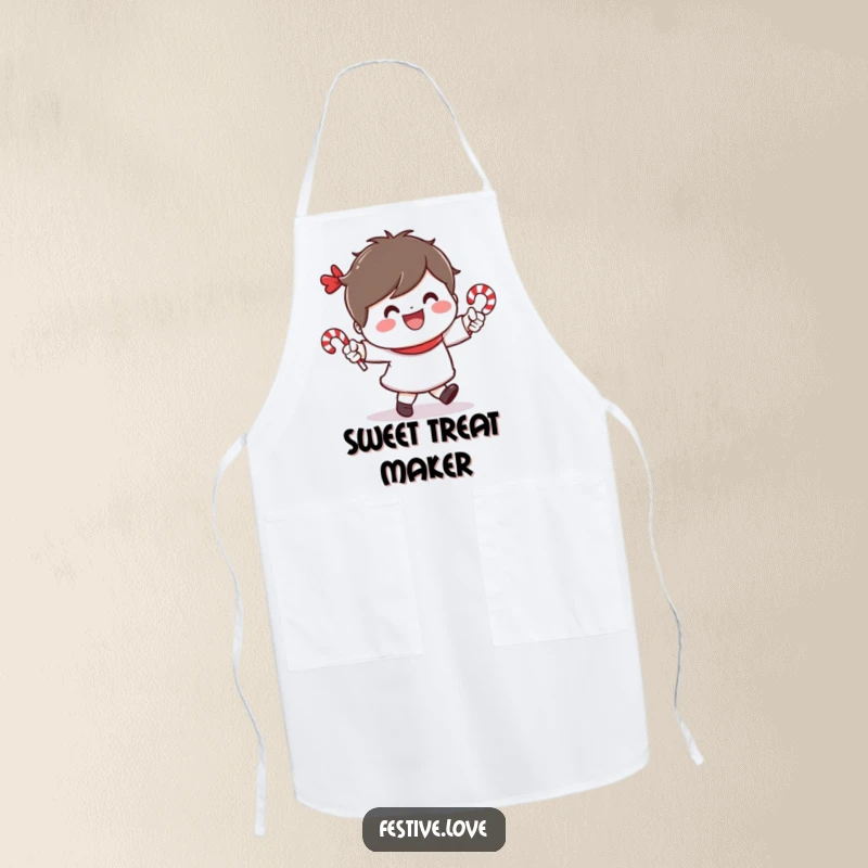 Funny apron featuring a cheerful character dancing with tiny candy canes and a wide smile, ideal for kitchen use.