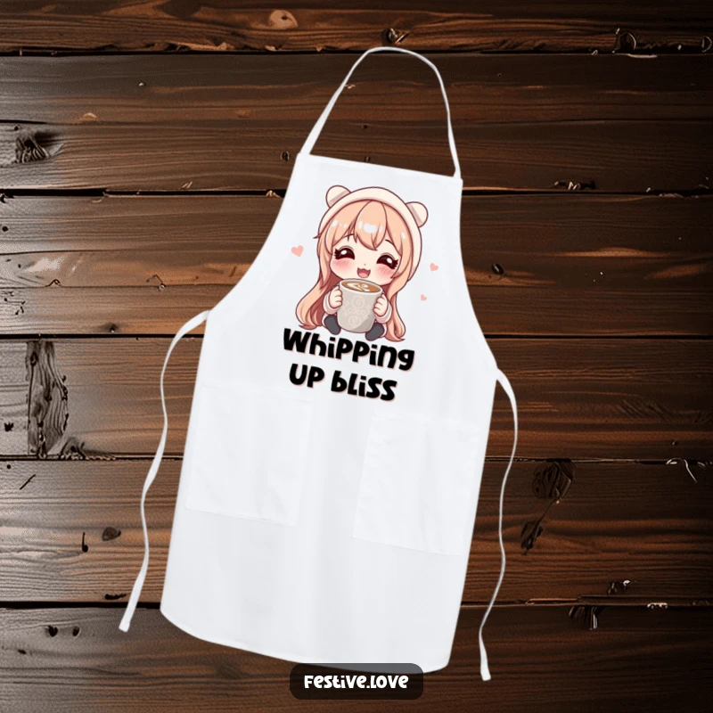 Funny apron illustrating a character happily sharing a mug of hot cocoa, perfect for adding warmth and humor to kitchen activities.