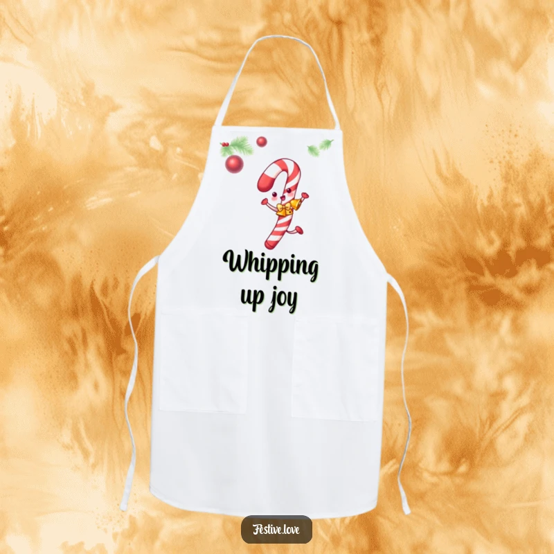 Funny candy cane apron showing a dancing candy cane with jingle bells, perfect for festive holiday baking.