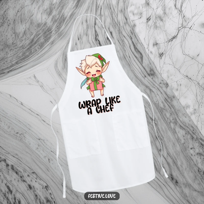 Funny elf apron, a character excitedly wrapping a present, ideal for holiday gift wrapping activities.