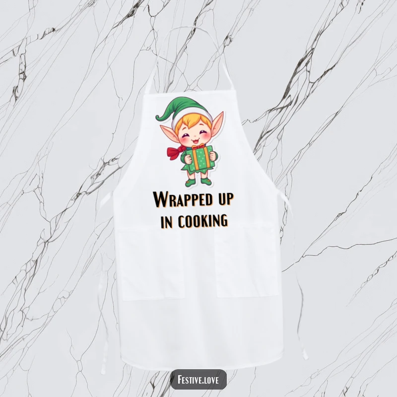 Funny apron featuring a joyful elf character holding a brightly wrapped gift, ideal for holiday cooking and kitchen fun.