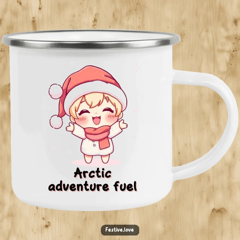 Funny camping mug with a cute Santa hat-wearing character joyfully throwing sparkling snowflakes, perfect for outdoor activities.