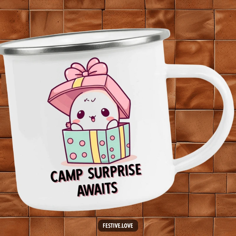 Funny Camping Mug: A kawaii present character pops its lid open in surprise, bringing stellar cheer to outdoor drinks.