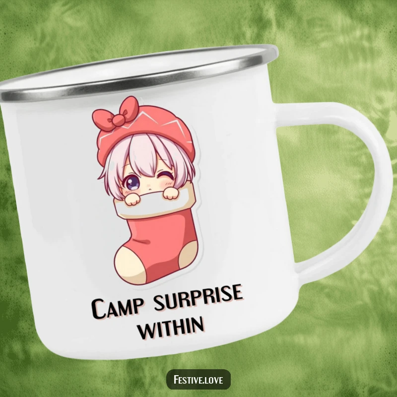 Funny camping mug depicting a character playfully peeking from a Christmas stocking, designed for outdoor holiday fun and a dose of humor.