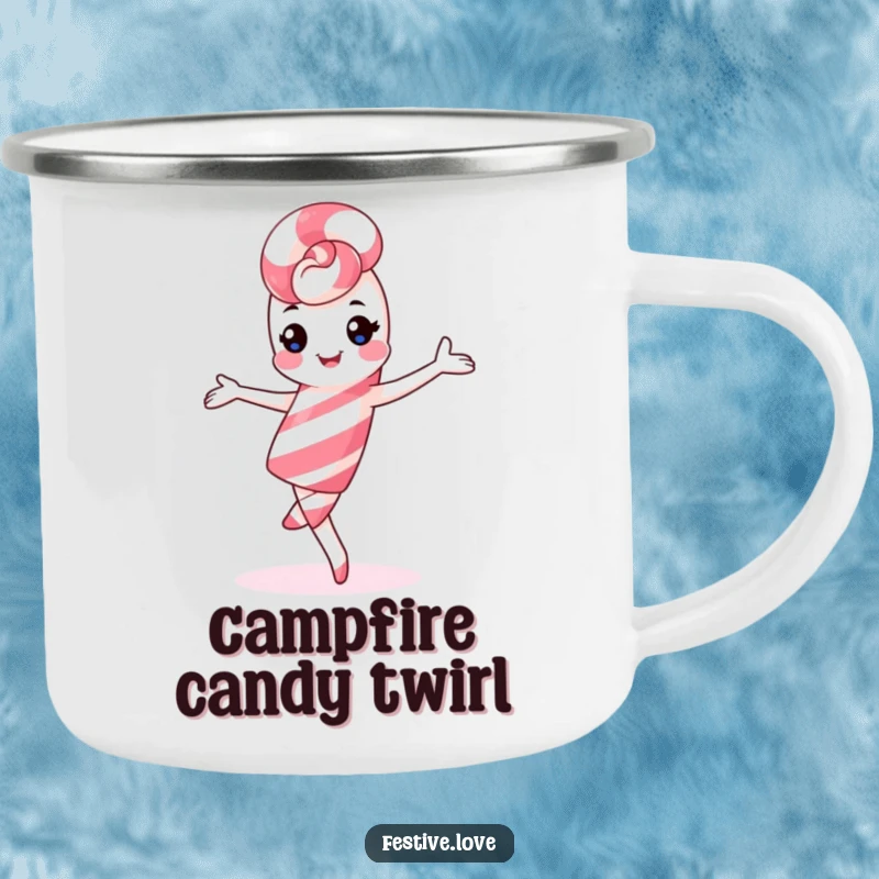 Funny kawaii candy cane camping mug, playful pirouette, durable and festive outdoor drinkware.