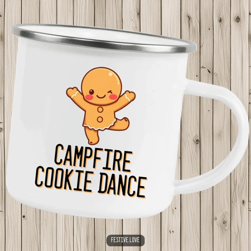 Funny gingerbread dance camping mug with a cute cartoon gingerbread character happily dancing, perfect for festive outdoor sipping.
