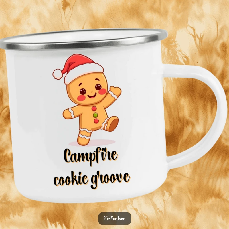 Funny kawaii gingerbread man wearing a Santa hat, dancing merrily, designed for a rugged and festive enamel camping mug.