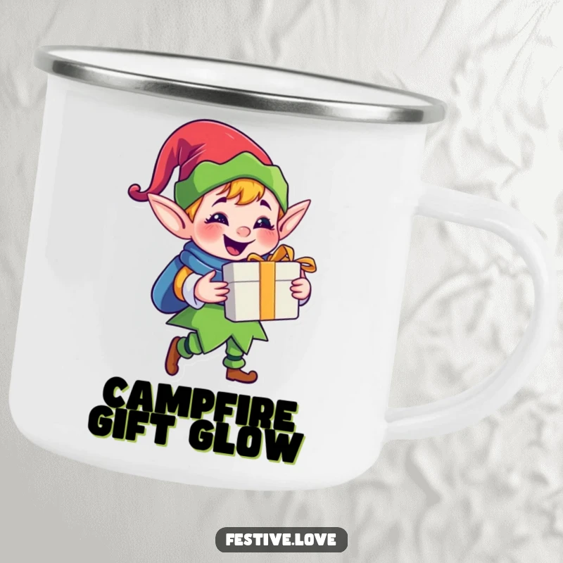 Funny jolly elf camping mug with a happy cartoon elf character delivering a gift with a big grin, perfect for festive outdoor sipping.