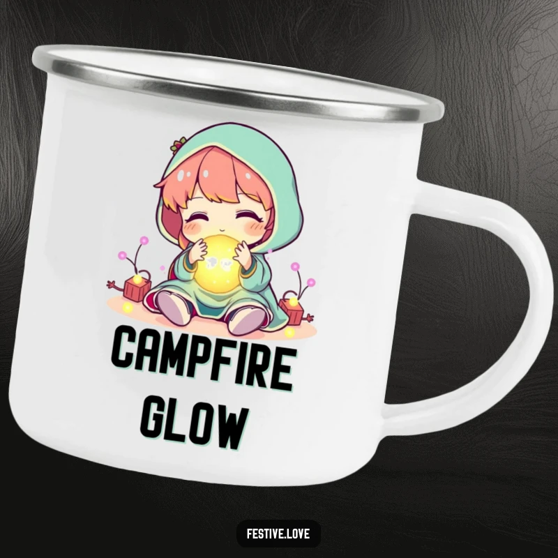 Funny character playing with a ball of glowing, festive lights, on a camping mug, a humorous outdoor holiday gift.