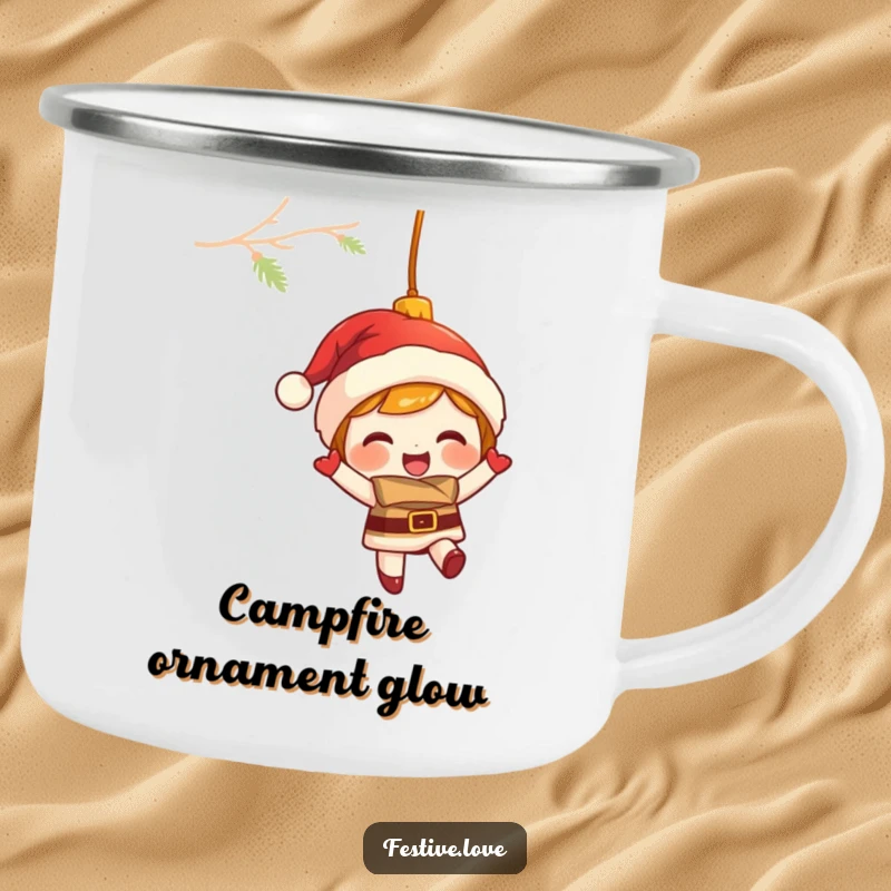 Funny camping mug featuring a giggling Christmas ornament character swinging merrily, perfect for festive adventurers.