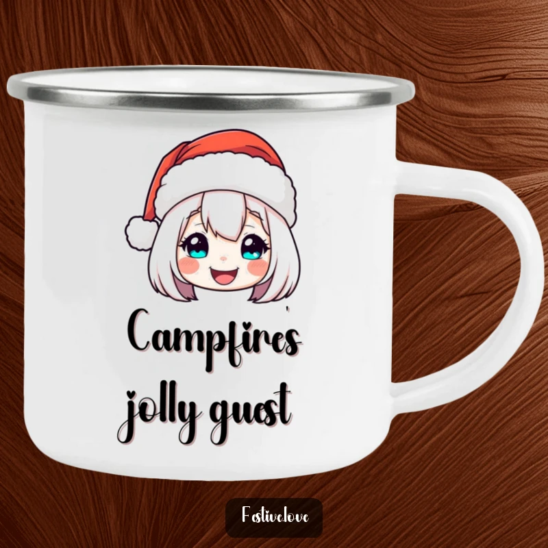 Funny Camping Mug: A Santa hat character cheerfully bobbing with festive holiday spirit, ready for adventure.