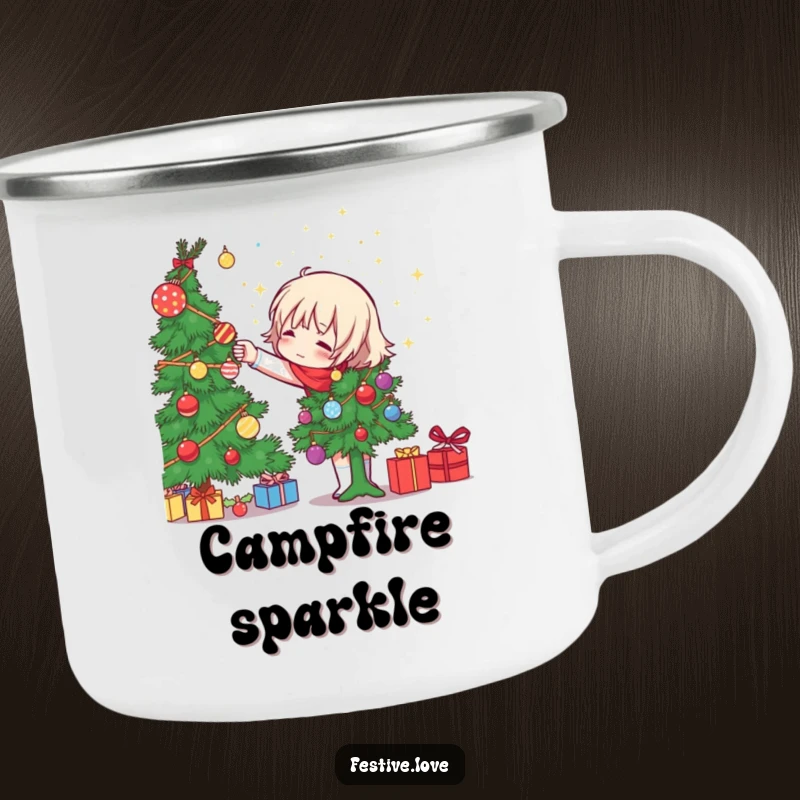 Funny character decorating a Christmas tree, gleefully tossing ornaments, on a camping mug, a humorous outdoor holiday gift.