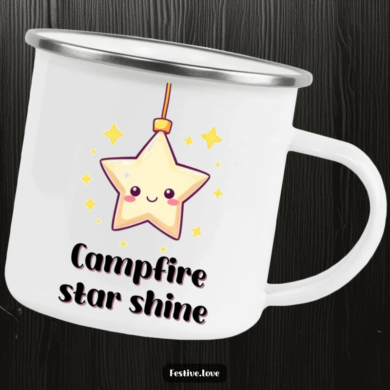 Funny Camping Mug: A kawaii star ornament happily twinkles and spins, bringing stellar cheer to outdoor drinks.