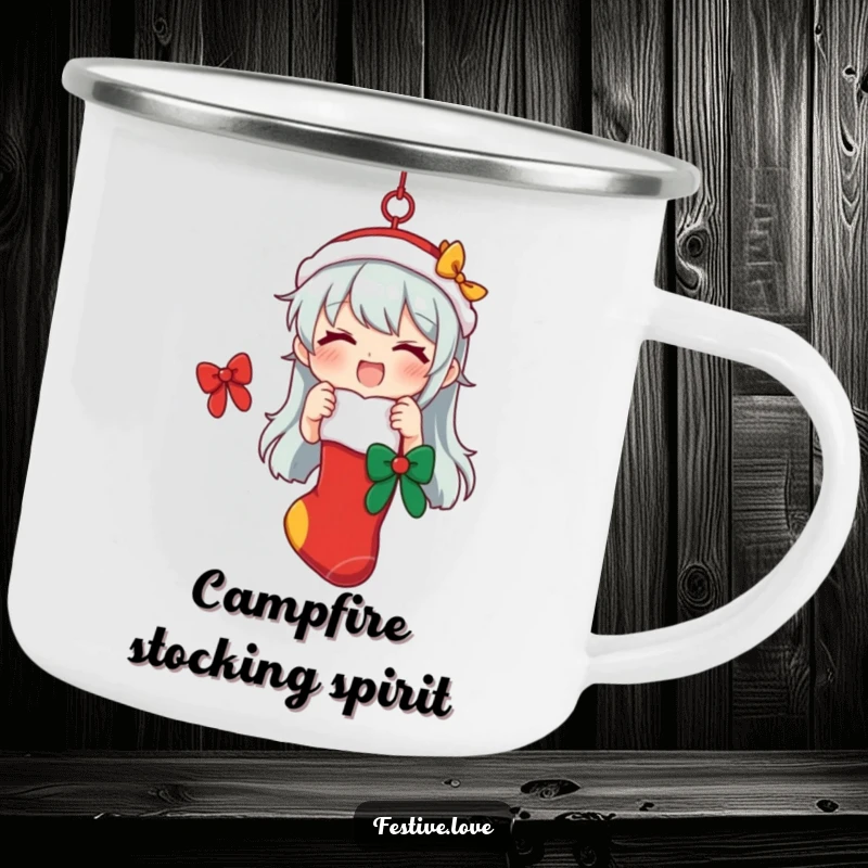 Funny camping mug featuring a character hanging a festive stocking, symbolizing holiday cheer, for outdoor enthusiasts.