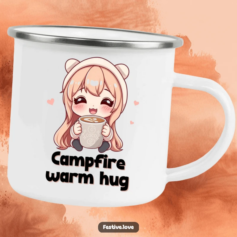 Funny camping mug depicting a character sharing a warm mug of hot cocoa, designed for outdoor coziness and a dose of humor.
