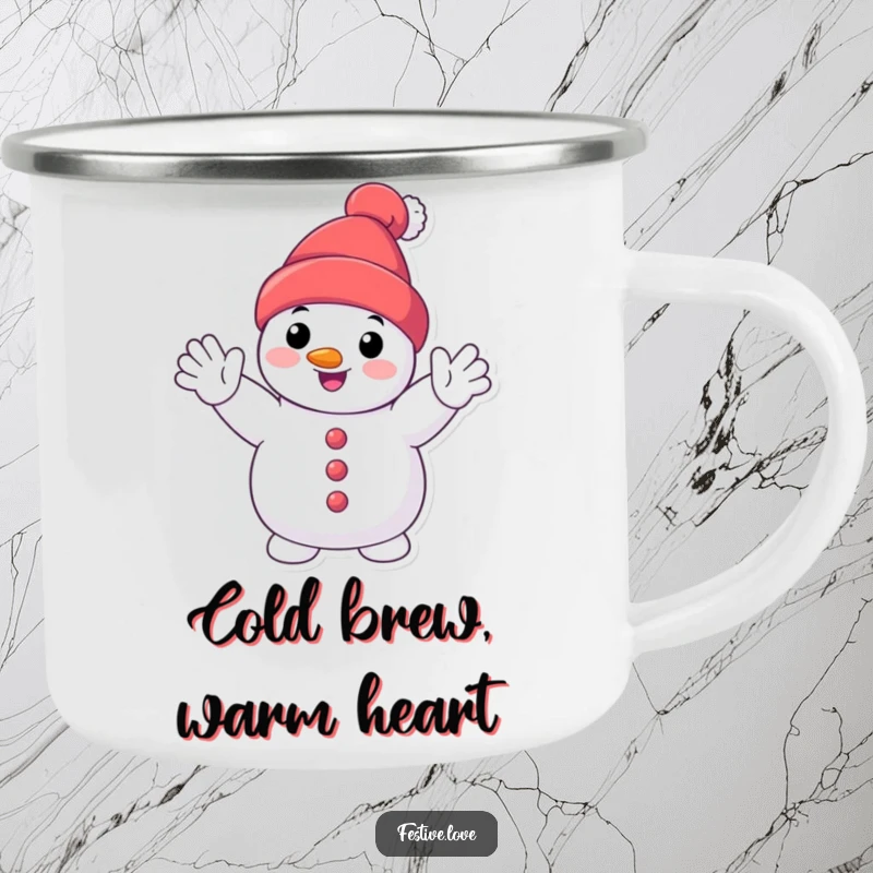 Funny smiling snowman camping mug with a happy cartoon snowman character waving enthusiastically, perfect for festive outdoor sipping.