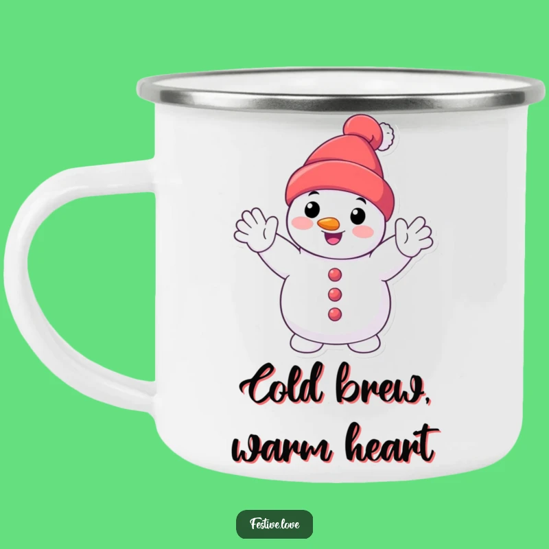 Funny Smiling Snowman Camping Mug: Winter Campfire Waves