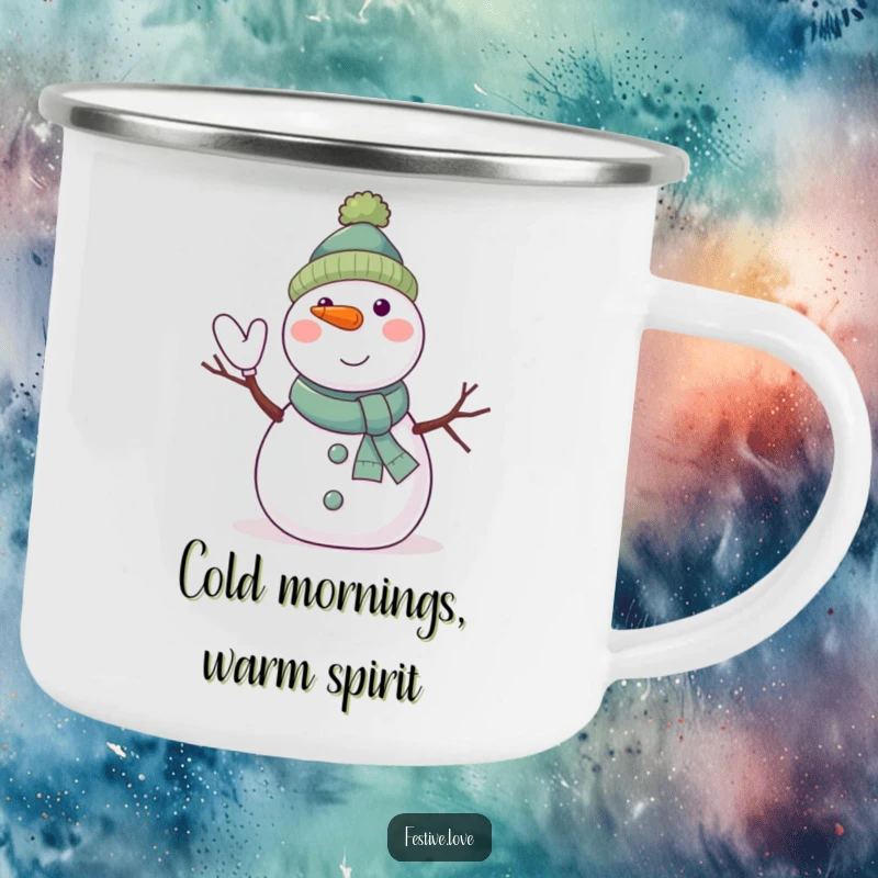 Funny snowman camping mug with a jolly character waving with twig arms and a carrot nose, ideal for camping.