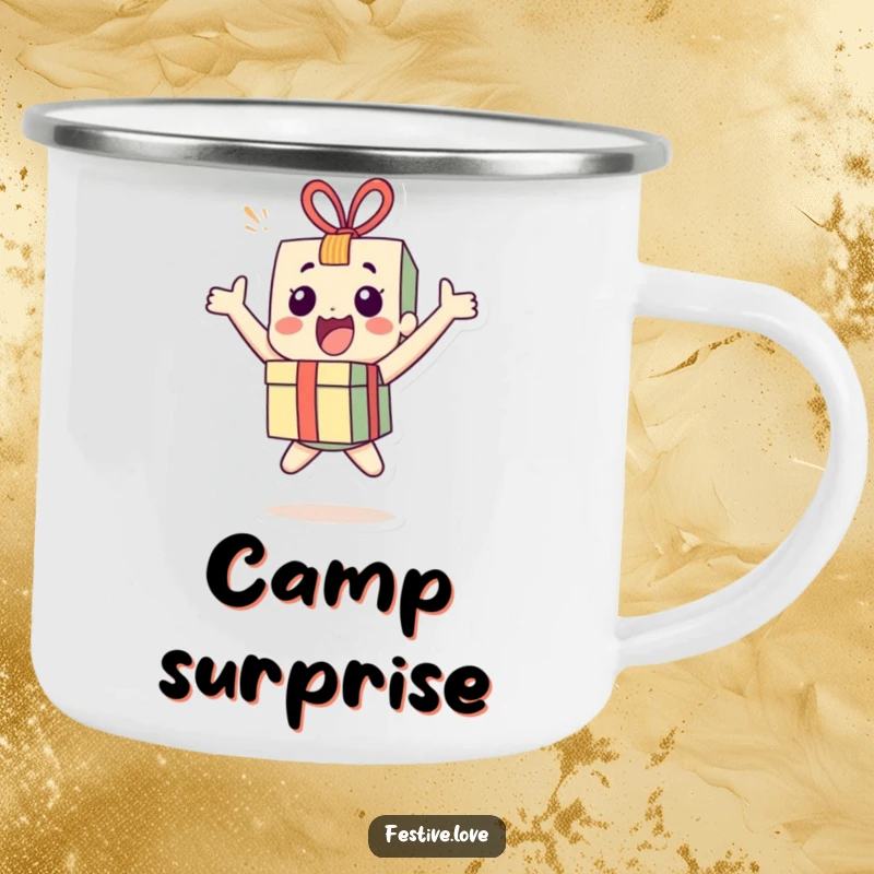 Funny little present character camping mug bouncing with joy, perfect for outdoor celebrations and carrying excitement.