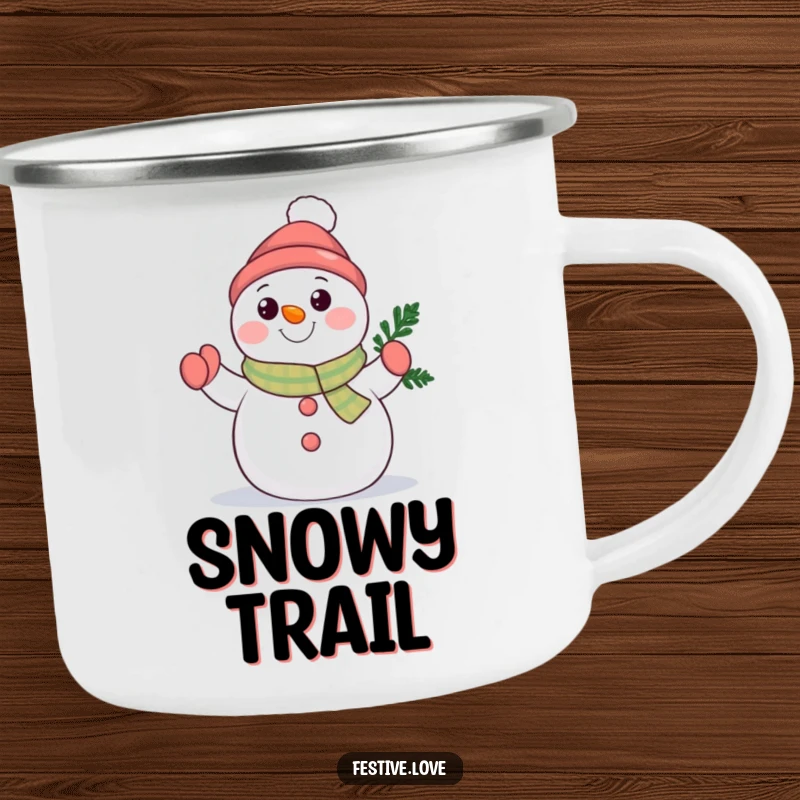 Funny snowman character camping mug waving a tiny evergreen branch, perfect for winter adventures and enjoying warm drinks outdoors.