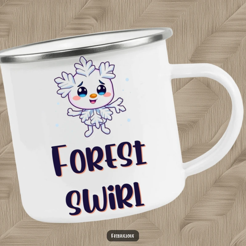 Funny snowflake character camping mug creating a tiny swirl, perfect for winter adventures and enjoying warm drinks outdoors.