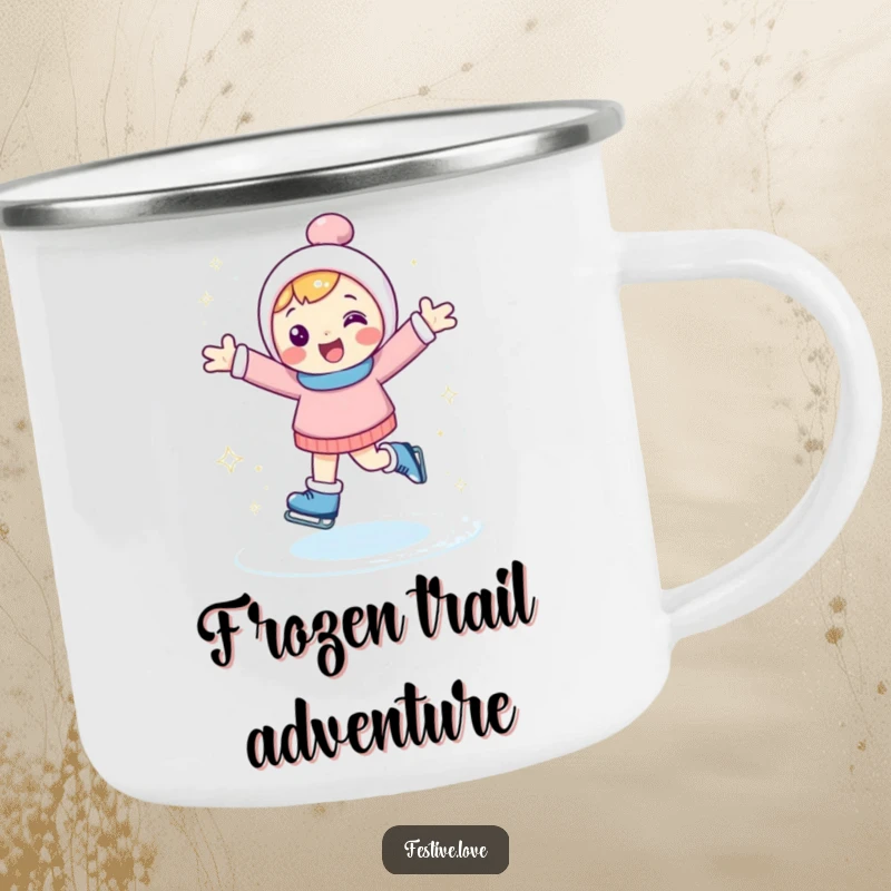 Funny camping mug with a happy character ice skating with arms outstretched, kicking up sparkly ice, ideal for outdoor use.