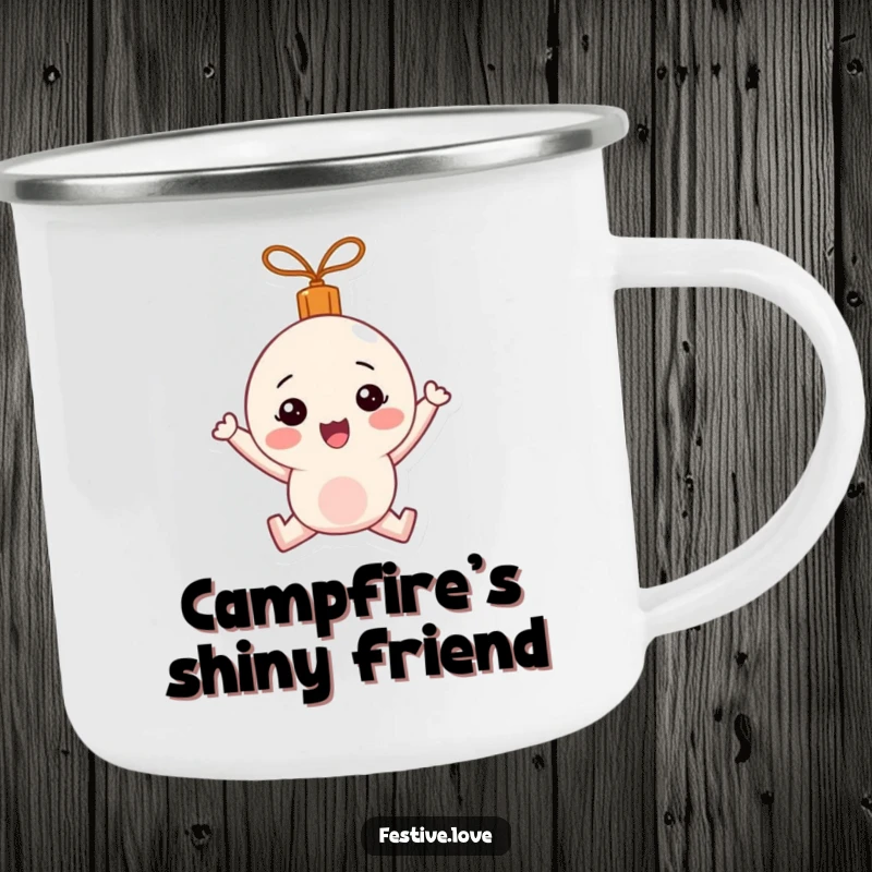 Funny Camping Mug: A festive ornament character happily bouncing with holiday cheer, ready for adventure.