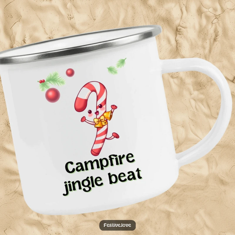 Funny candy cane camping mug with a dancing candy cane and jingle bells, perfect for holiday adventures.