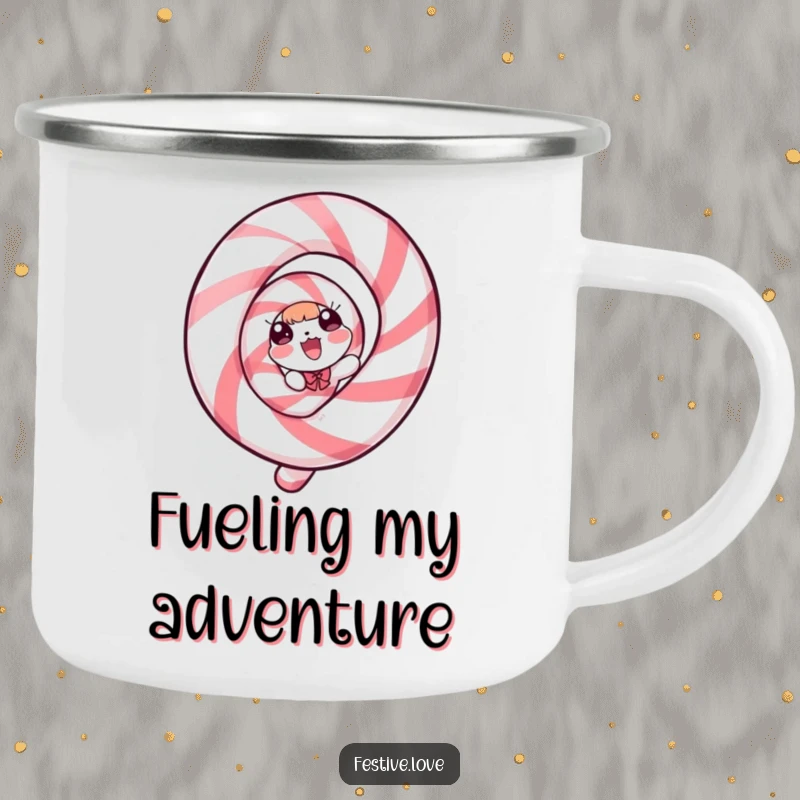 Funny Camping Mug: A candy cane character in a spiral of pure delight, ready for adventure.