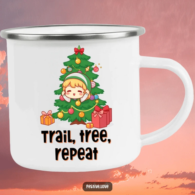 Funny camping mug featuring a character decorating a Christmas tree, designed for outdoor holiday cheer and a touch of festive humor.