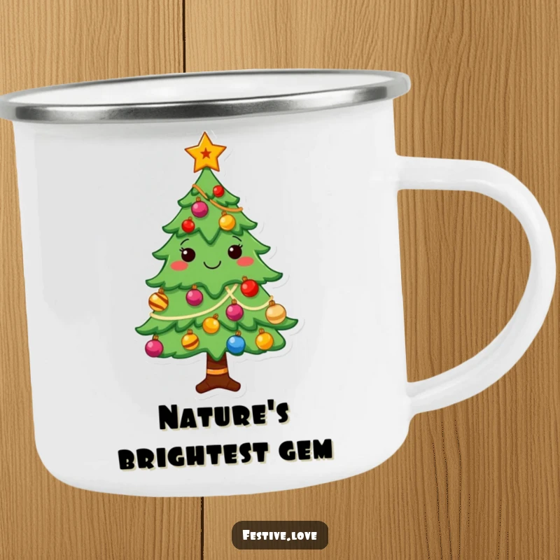 Funny Christmas tree camping mug with a cheerful character decorated with shining ornaments and a star, ideal for camping.