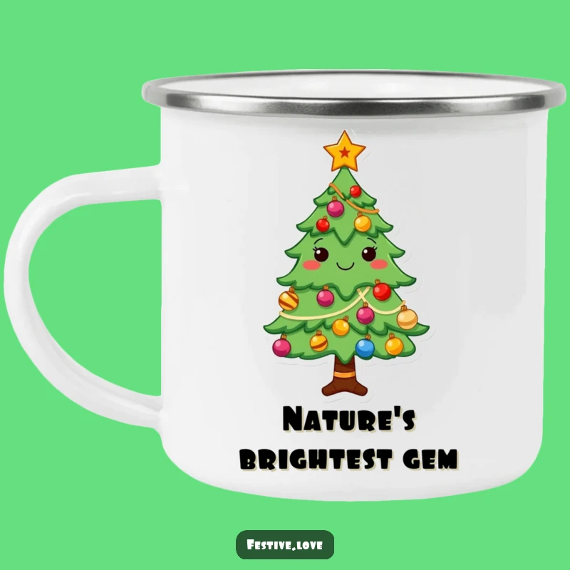 Funny Christmas Tree Enamel Mug - Cheerful Character, Perfect Outdoor Cheer