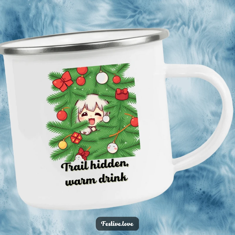 Funny camping mug featuring a character peeking from behind a Christmas tree, symbolizing playful anticipation, for outdoor enthusiasts.