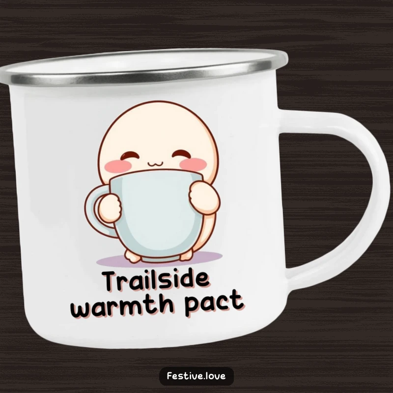 Funny camping mug with a round, rosy-cheeked character hugging a steaming mug with pure delight, ideal for outdoor use.