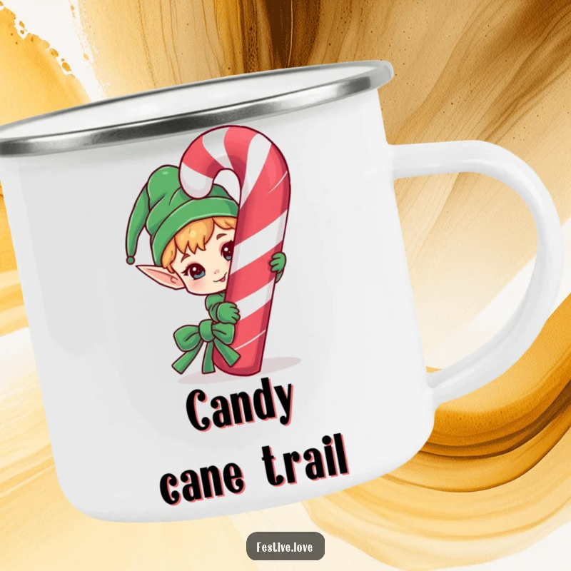 Funny camping mug with a mischievous elf character peeking slyly from behind a giant candy cane.